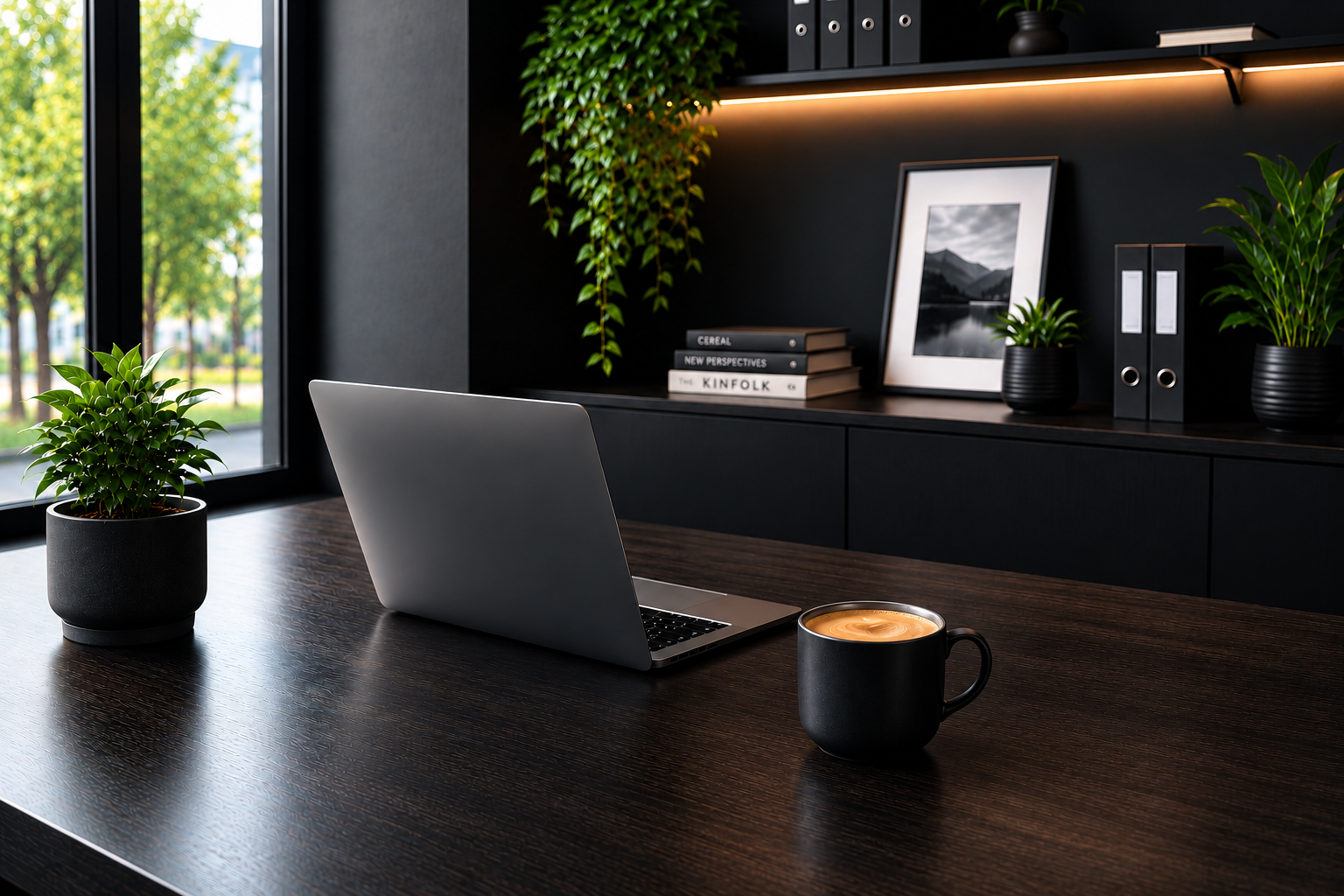 Modern office workspace with a sleek black wooden desk, a silver laptop, a black coffee mug with coffee, a small potted plant, and a large window with a view of green trees outside. In the background, a black wall with shelves holding plants, books, and file binders, and a framed black-and-white landscape photograph.