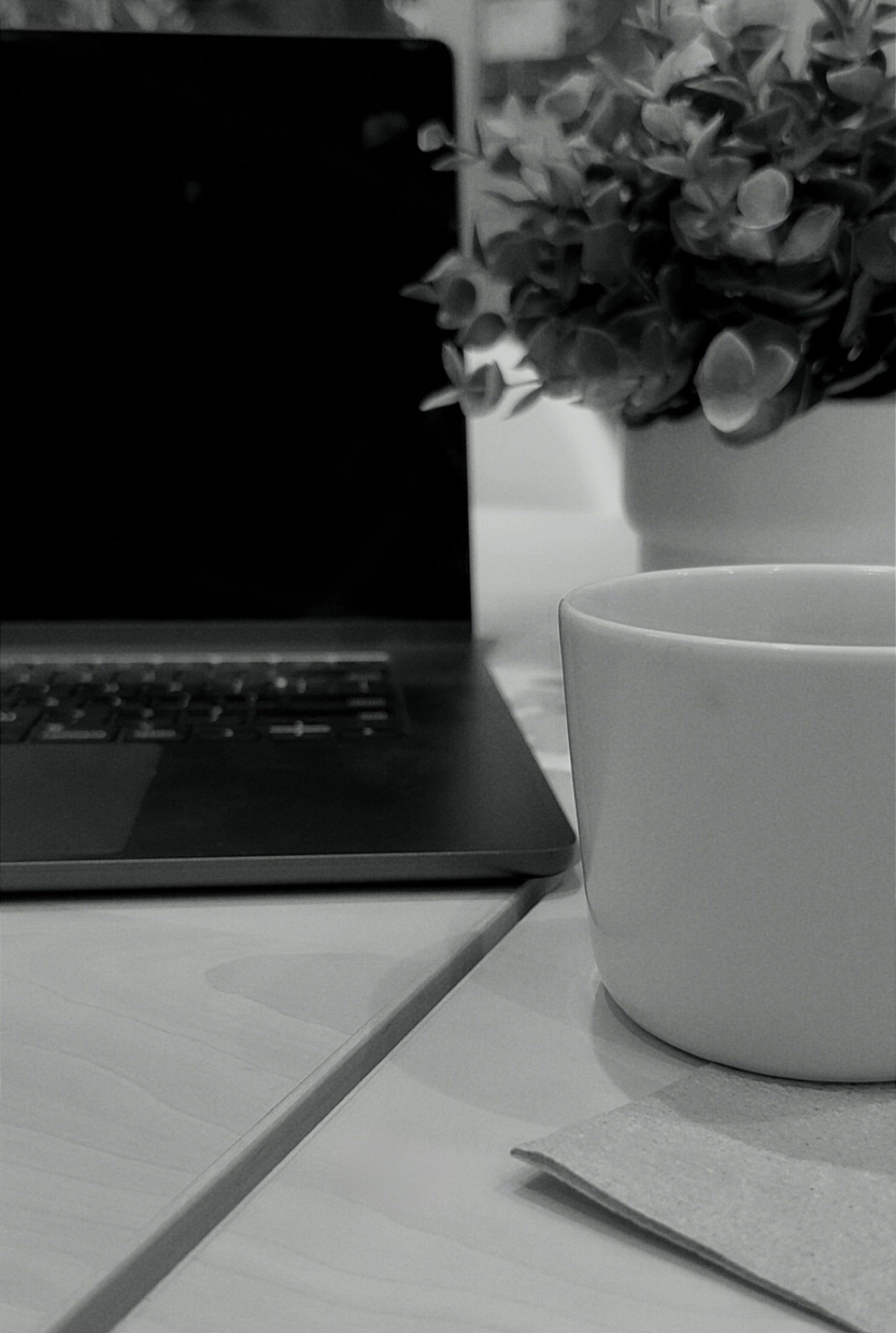 Office in Las Vegas Nevada, Black and white image of laptop, coffee cup, and plant.