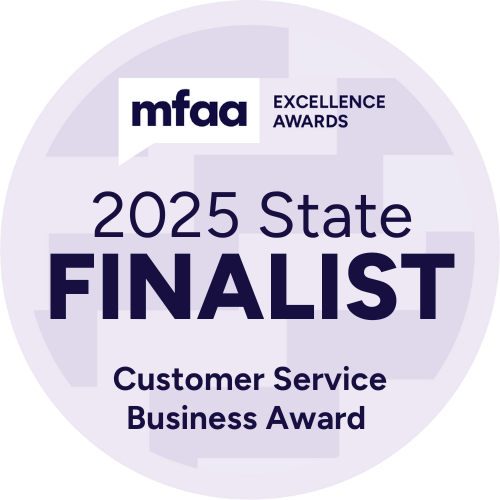 A circular award badge for the 2025 MFAA Excellence Awards, indicating a finalist in the Customer Service Business Award category.