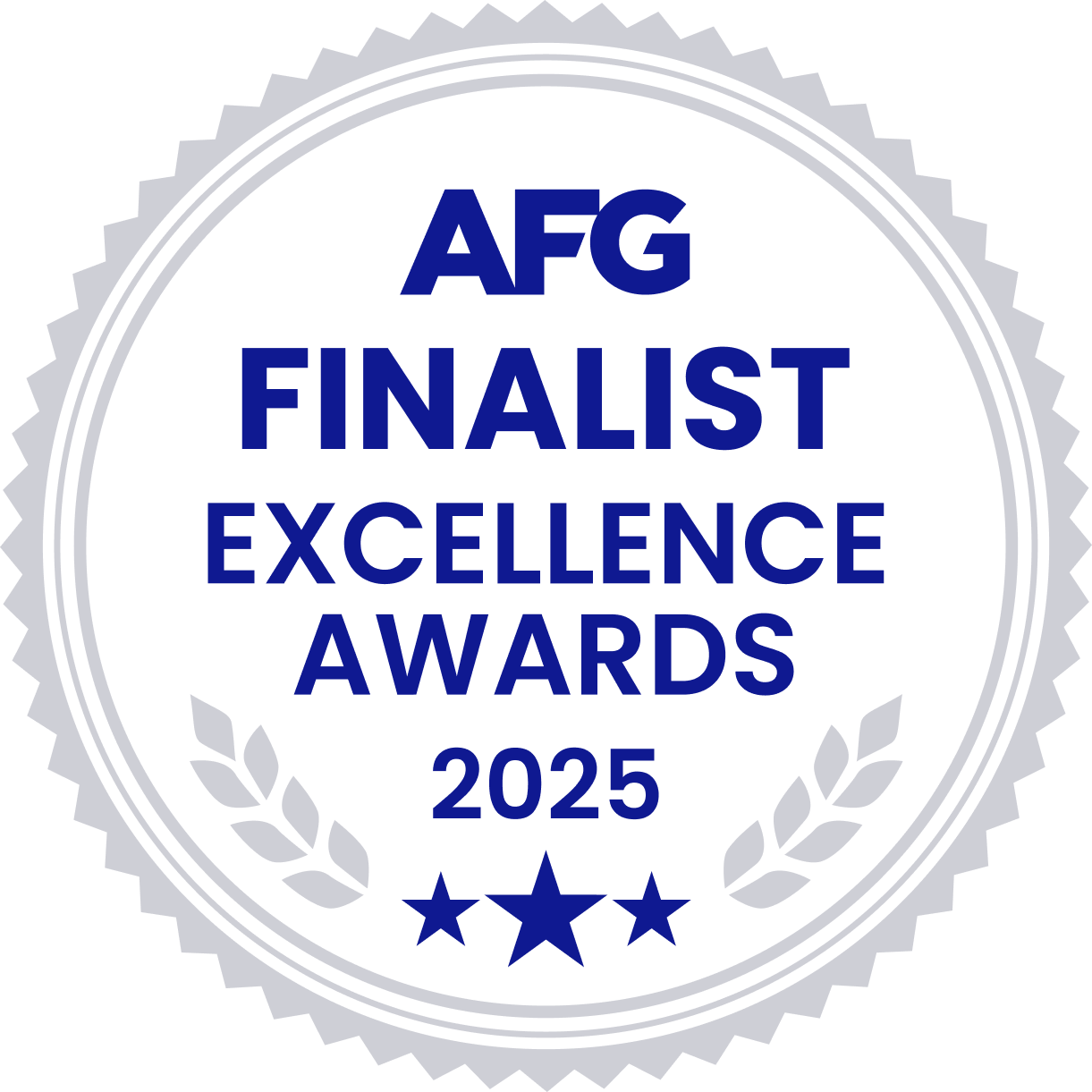 Seal or badge for the 2025 AG Finalist Excellence Awards, featuring a circular design with laurel branches, five stars at the bottom, and text indicating 'AG Finalist Excellence Awards 2025'.