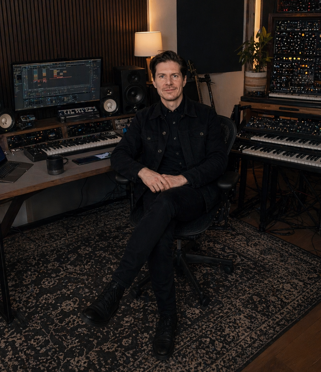 A man sitting in a music studio surrounded by electronic music equipment, including synthesizers, keyboards, speakers, and a computer monitor.