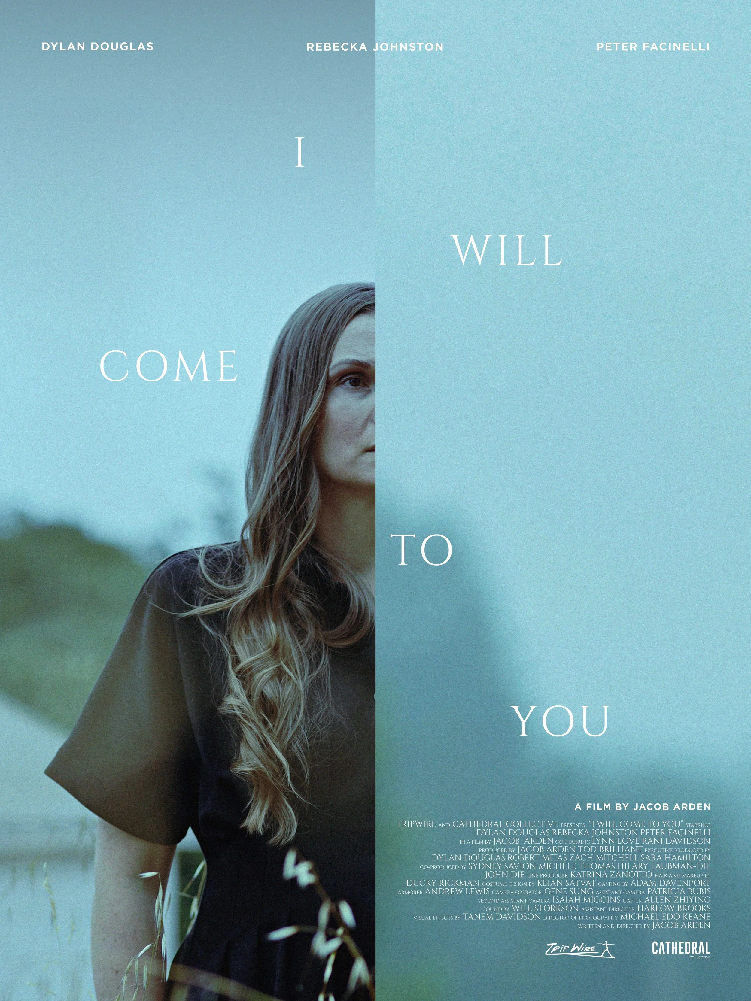 Promotional poster for the film titled 'I Will Come To You,' featuring a woman with long wavy hair in a black shirt against a blue sky background, with text in white and small print details at the bottom.
