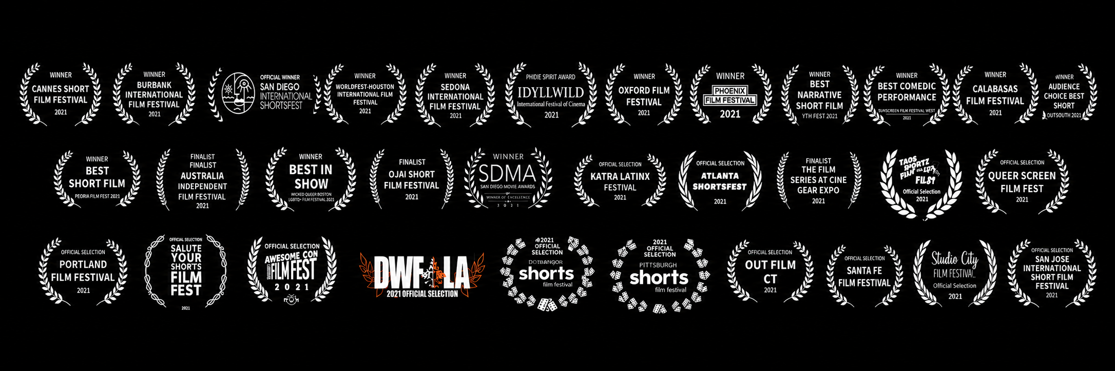 Compilation of multiple film festival award laurels with text for various festivals from 2021, including Cannes, Burbank, San Diego, Sedona, Oxford, Phoenix, Australia, Oaxaca, SDMA, Katra Latinx, Atlanta, Queer Screen, Portland, Santa Fe, San Jose, and others, set against a black background.