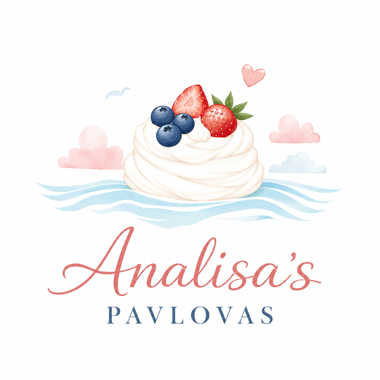 A logo for Analisa's Pavlovas featuring an illustration of a pavlova topped with strawberries and blueberries, with clouds, water, and a pink heart and cloud around it. The text reads 'Analisa's Pavlovas'.