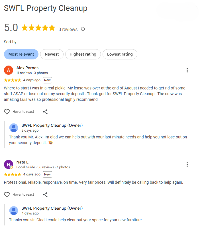 Google customer reviews for SWFL Property Cleanup showing a 5.0-star rating and positive customer feedback