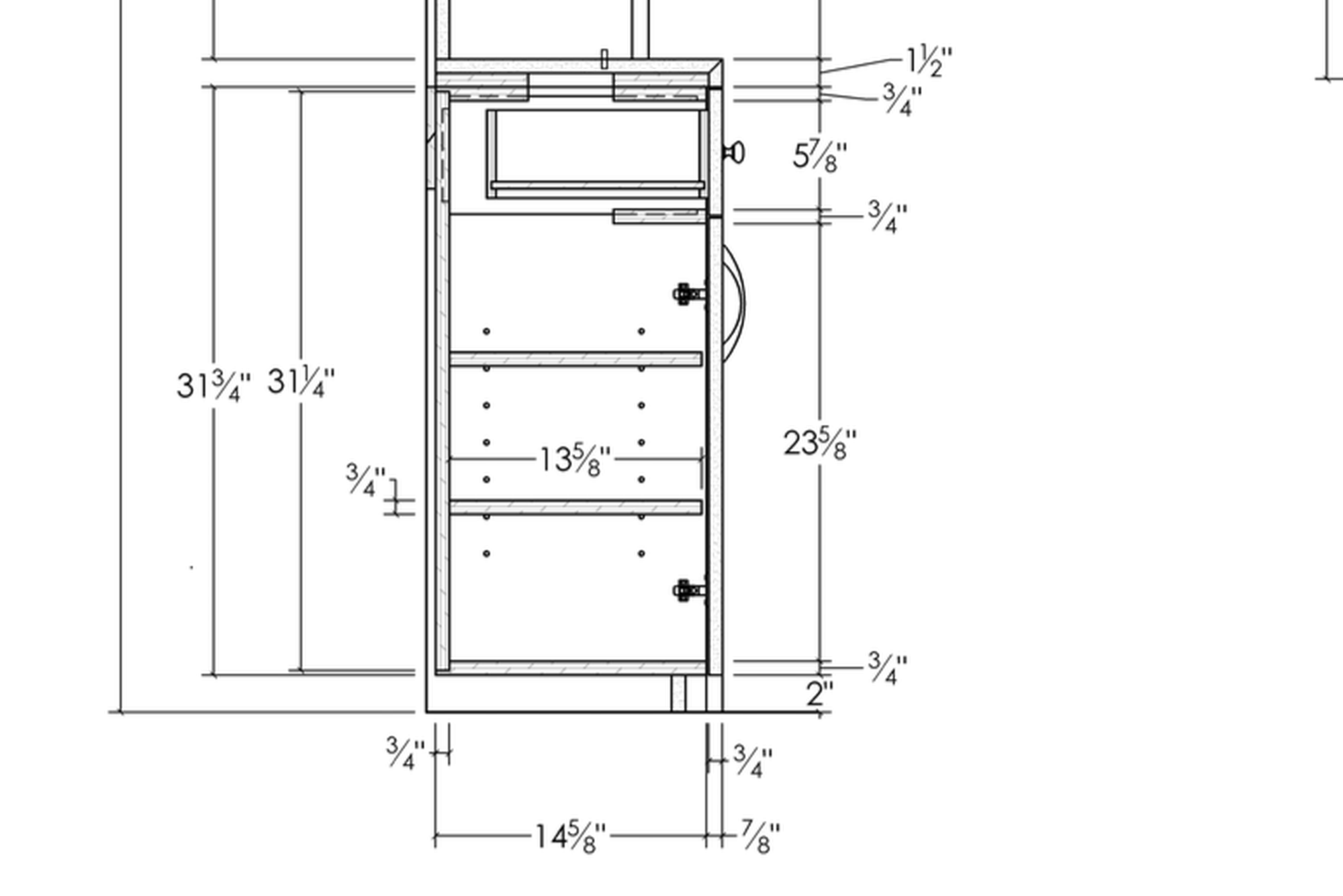 Technical drawing of a cabinet with detailed measurements and construction lines.