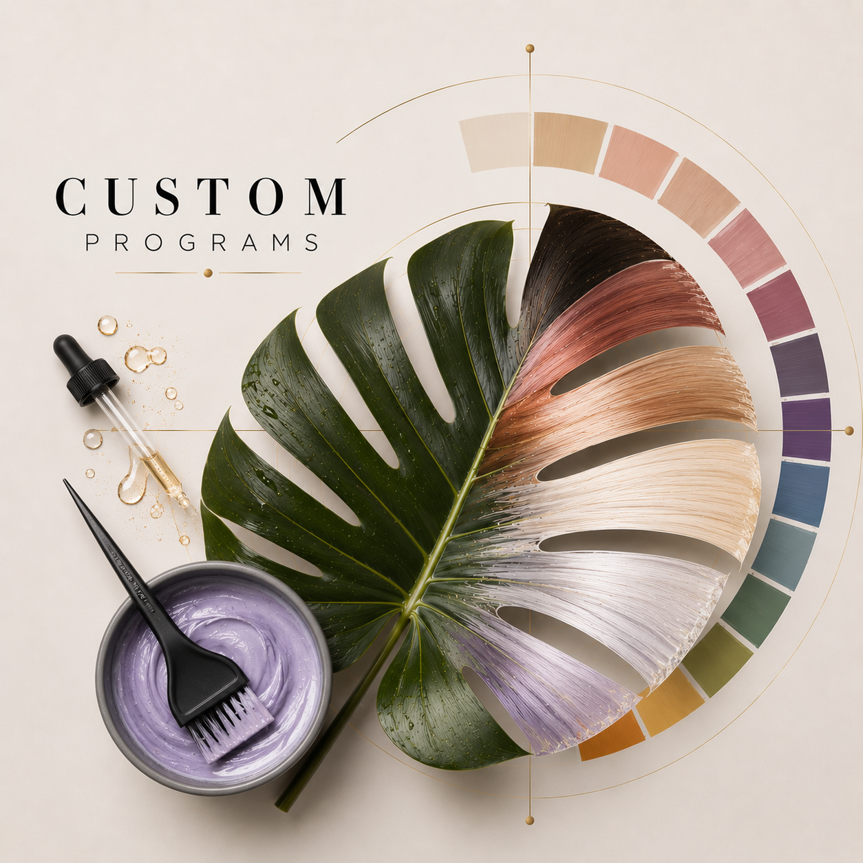 Flat lay of a large tropical leaf, paint color swatch, small bowl of purple paint with a black brush, dropper bottle, and a paintbrush, with text 'Custom Programs'
