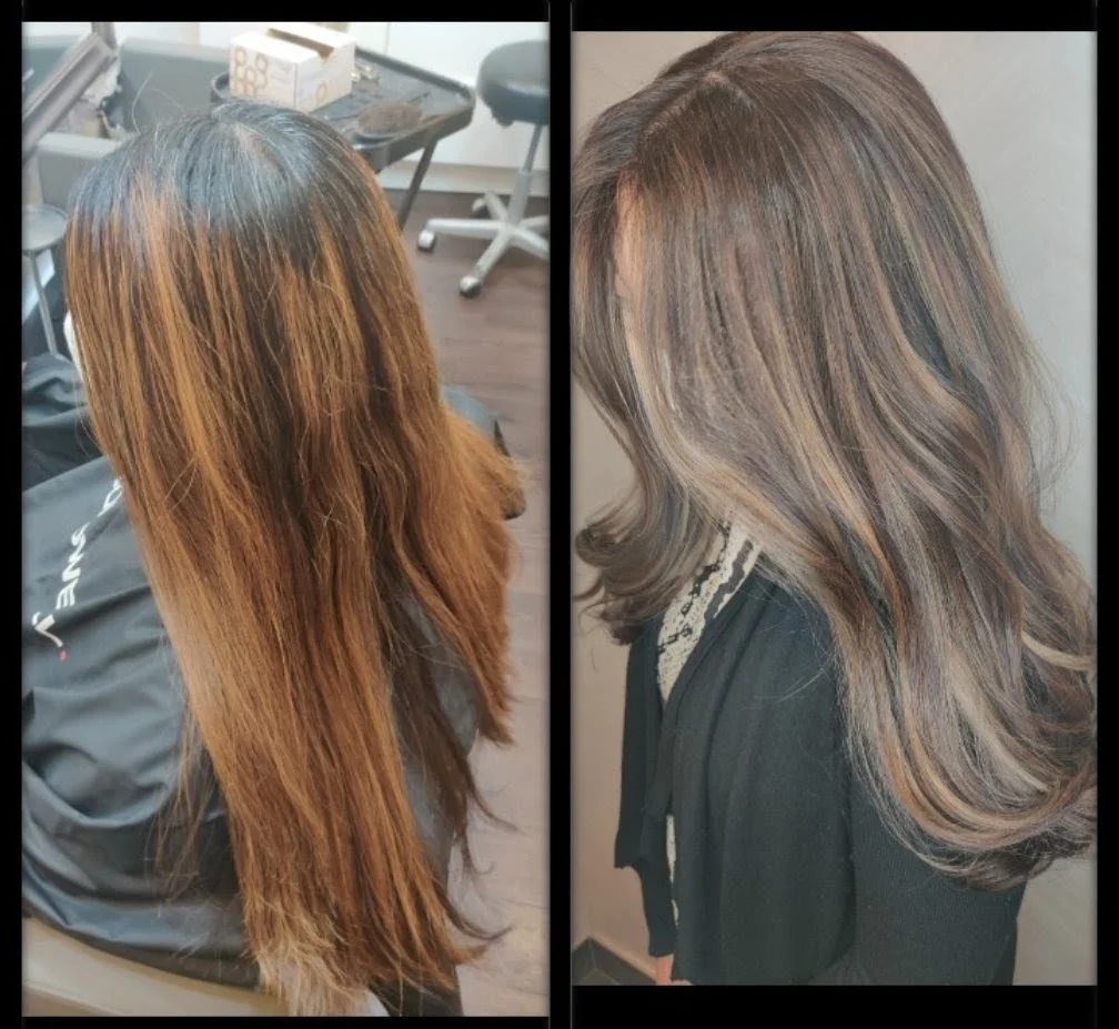 Side-by-side comparison of a woman's hair before and after a professional haircut and coloring. The before image shows long, uneven, light brown hair, while the after image displays shorter, layered hair with a darker base and blonde highlights.