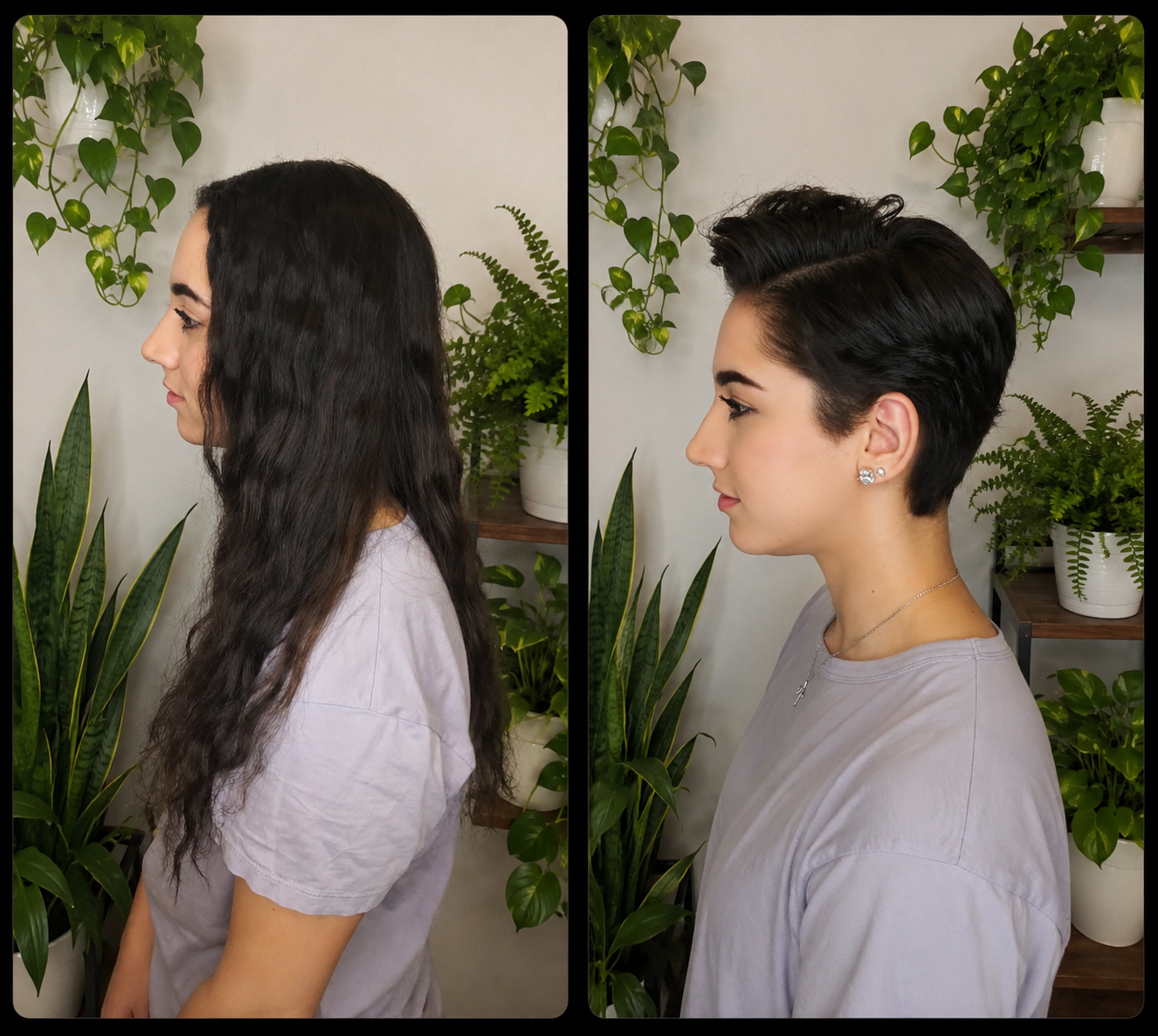 Side view of a woman with long, wavy hair in a before-and-after comparison. On the left, her hair is long and wavy; on the right, her hair is cut short in a sleek, styled pixie cut. She is in an indoor setting with green plants in the background.