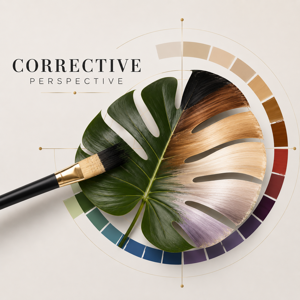 A paintbrush touching a painted tropical leaf, with a color palette and the words 'Corrective Perspective' on a white background.