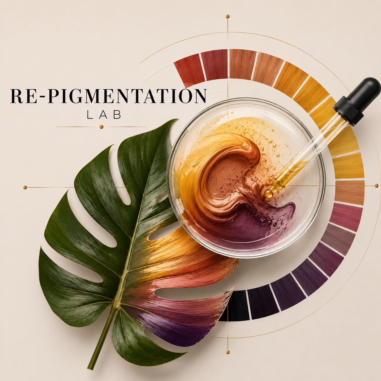 A colorful swirl of pigment in a glass bowl with a dropper, placed beside a large green monstera leaf and a palette of color shades, representing the Re-Pigmentation Lab.