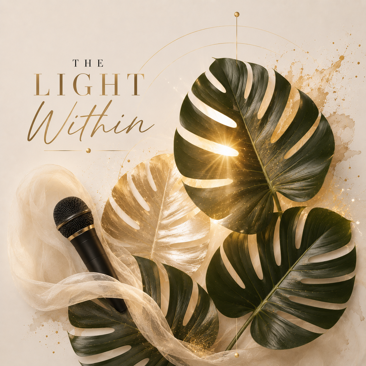 Decorative image with large green monstera leaves, a microphone wrapped in sheer fabric, and gold accents, with the text 'The Light Within' in elegant fonts.