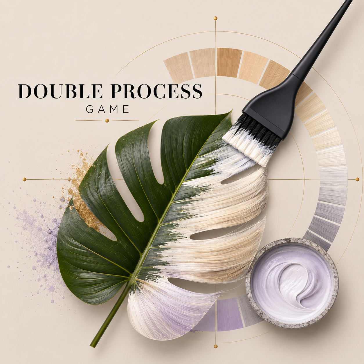 A large green leaf with some paint-like cream on it, a paintbrush with white paint, a bowl of lavender-colored paint, and the text 'Double Process Game' on a neutral background.