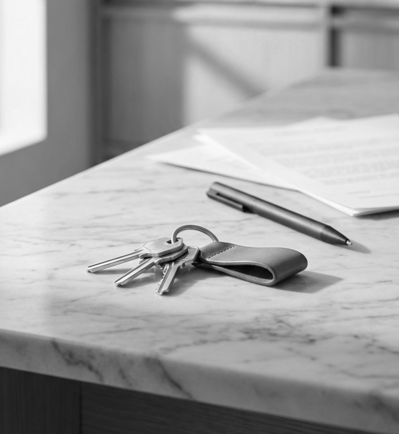 Set of keys with leather keychain, pen, and paperwork on a marble table.