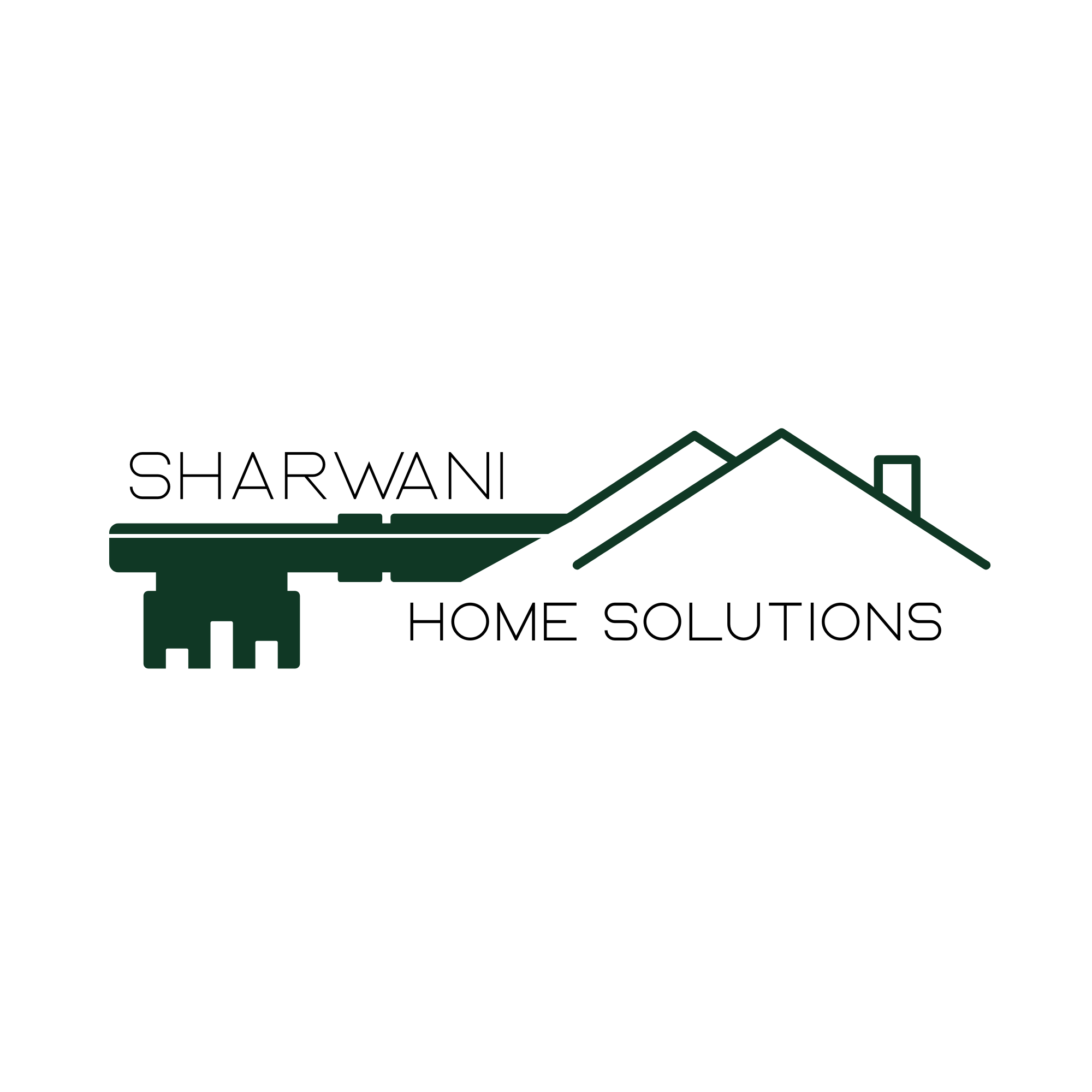Line drawing of a house with mountains in the background, text reads 'SHARWAN HOME SOLUTIONS'