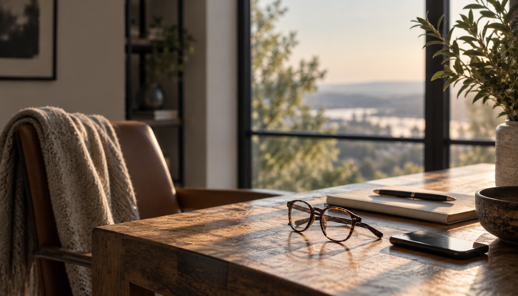 A wooden table with glasses, a smartphone, a notebook, and a pen, set in front of a window with a view of trees and a river at sunset.