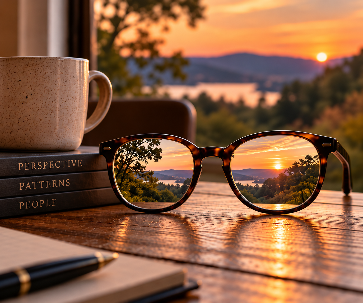 A pair of sunglasses with the reflection of a sunset scene, a book titled "Perspective Patterns People," a coffee mug, a pen, and a notebook on a wooden table, with a scenic sunset over a lake and mountains in the background.