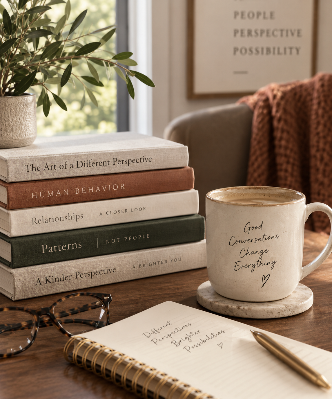 A stack of books with titles related to perspective and human behavior, a plant in a pot, a coffee mug with the quote 'Good Conversations Change Everything,' a pair of glasses, a notepad with handwritten notes, and a pen, all on a wooden table.
