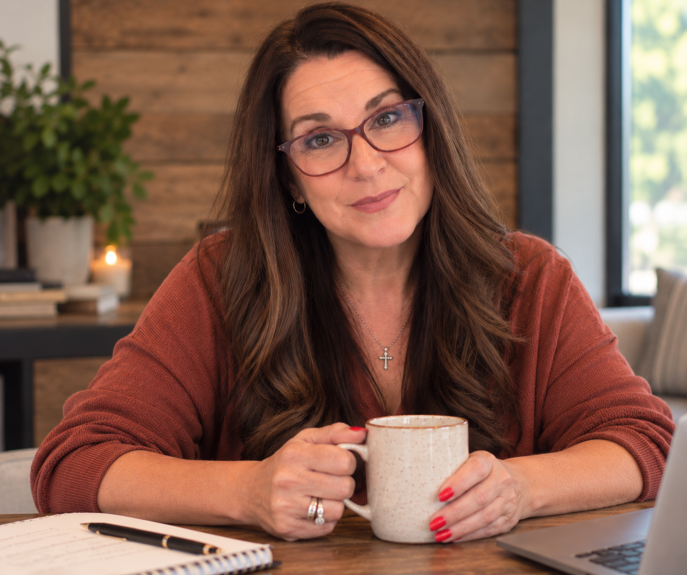 Teddi Eakins sitting at a desk with a coffee mug during a conversation.
