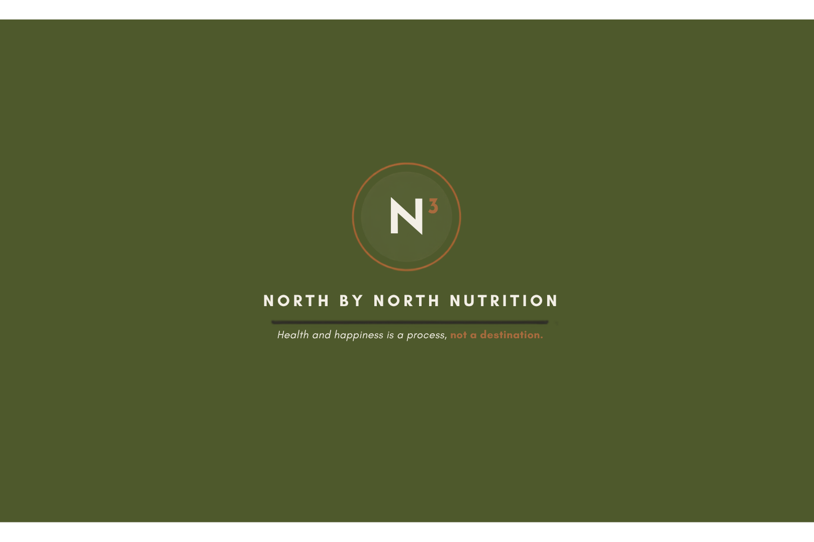 Green background with the logo of North by North Nutrition, featuring a circle with a large 'N' and a small '3', and the tagline 'Health and happiness is a process, not a destination.'