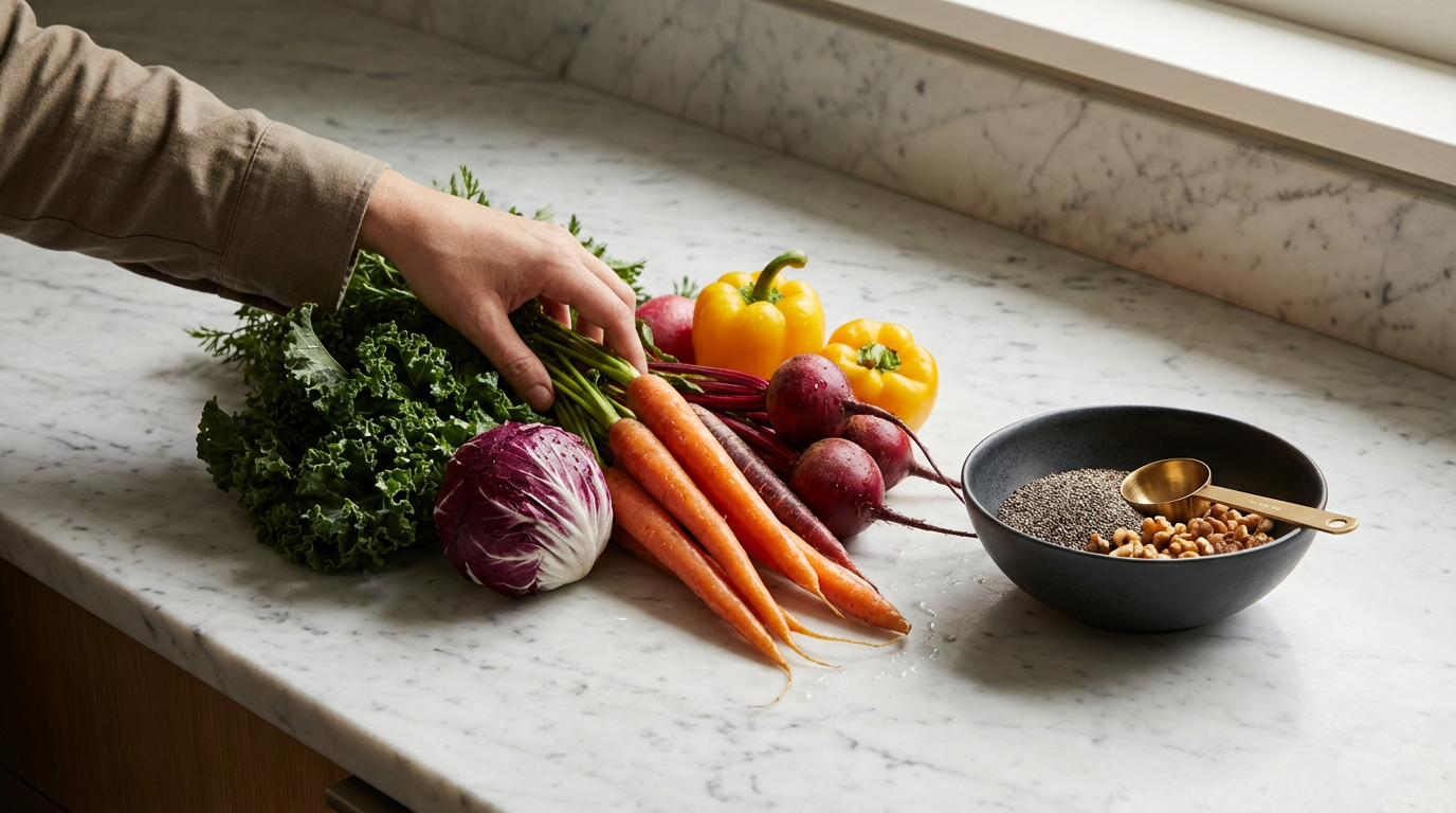 Fresh vegetables, including carrots, yellow bell peppers, purple radishes, green leafy kale, and purple cabbage, are arranged on a white marble countertop. A hand is reaching for the vegetables. A black bowl containing seeds and nuts with a gold measuring scoop is also on the counter.