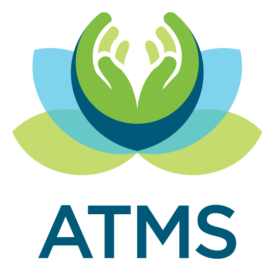 A stylized logo featuring a lotus flower with a pair of hands in the center, colors in shades of green and blue, with the letters 'ATMS' below.