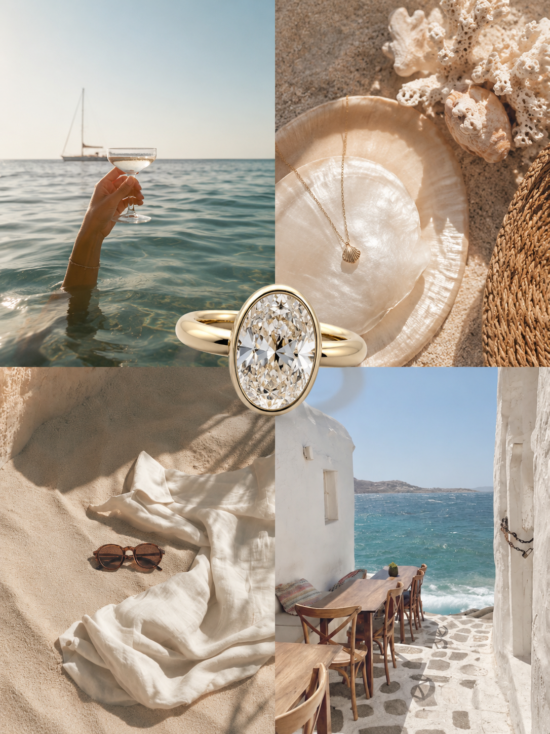 Bezel set oval diamond engagement ring with greece collage in the background