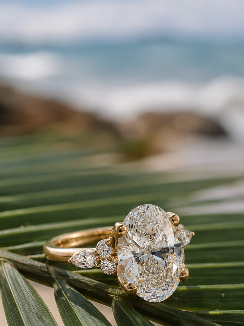 Close-up of a diamond engagement ring with a large oval-cut diamond in a gold setting, resting on palm leaves with a blurred ocean background.