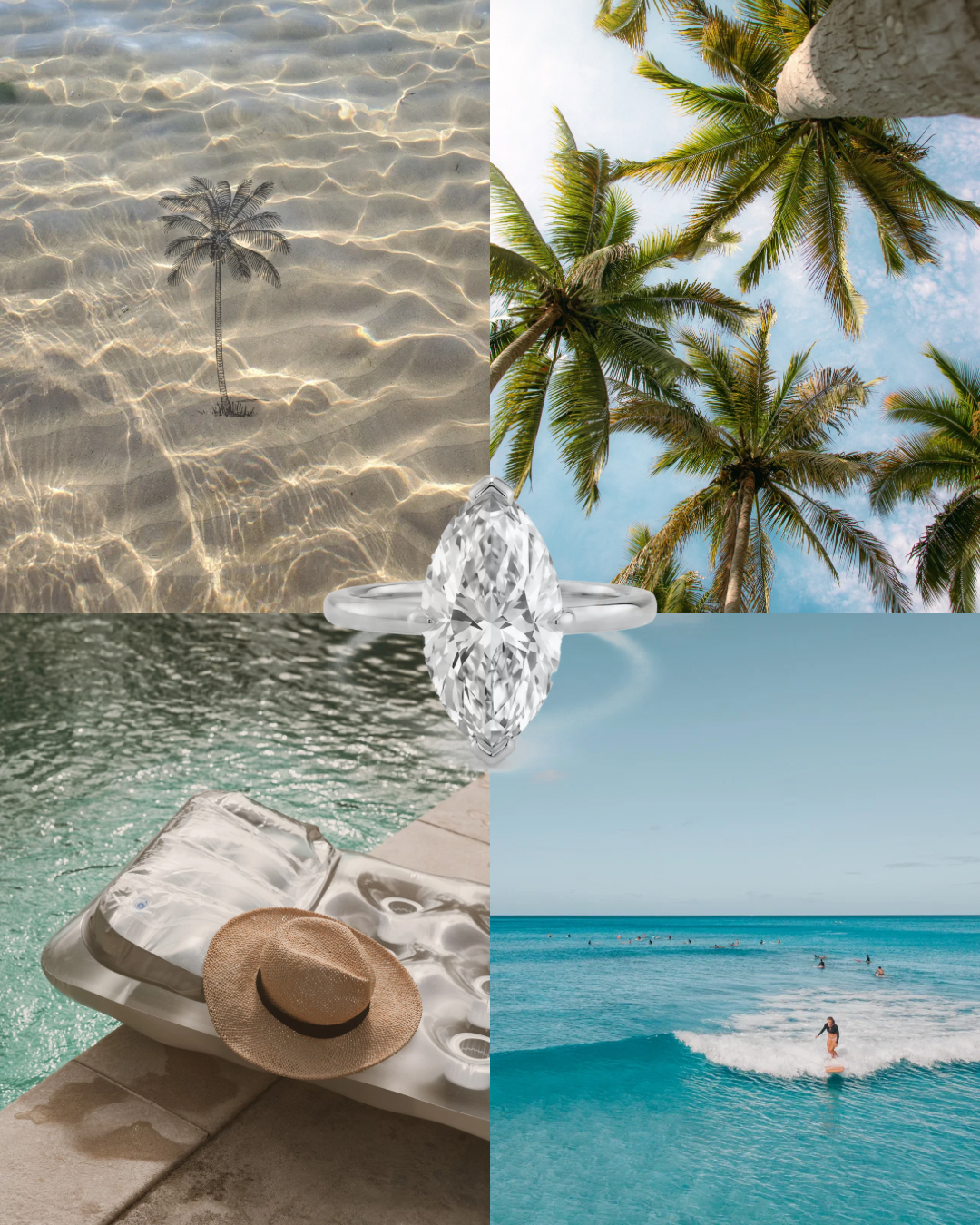 Collage of four summer vacation scenes including a palm tree drawing in water, a view of palm trees against a blue sky, a poolside with a straw hat, and a person surfing in the ocean.