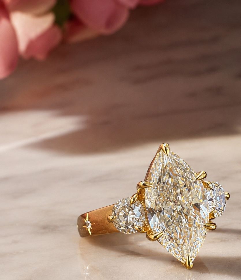 A marquise diamond engagement ring three stone engagement gold ring with a large cluster of sparkling diamonds arranged in a floral pattern, set against a soft, blurry background of pink and white flowers.