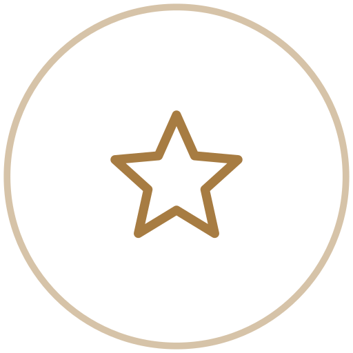 A gold outline of a circle with a gold star in the center on a black background.