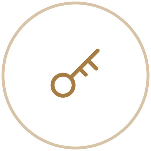 A circular icon with a key symbol in the center.
