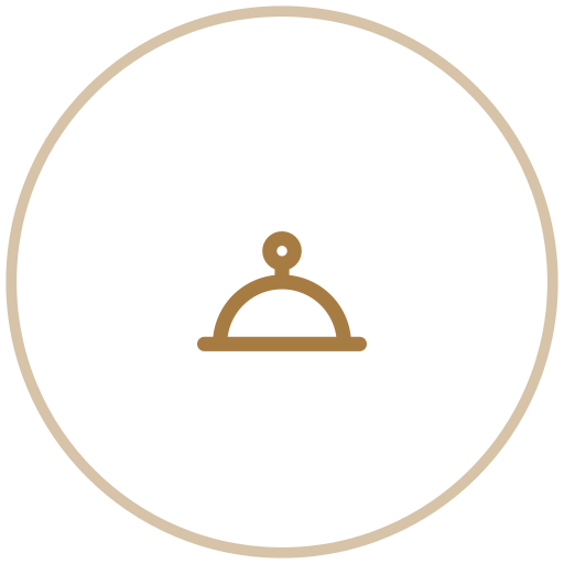 Icon of a cloche, a food cover, inside a circular border.