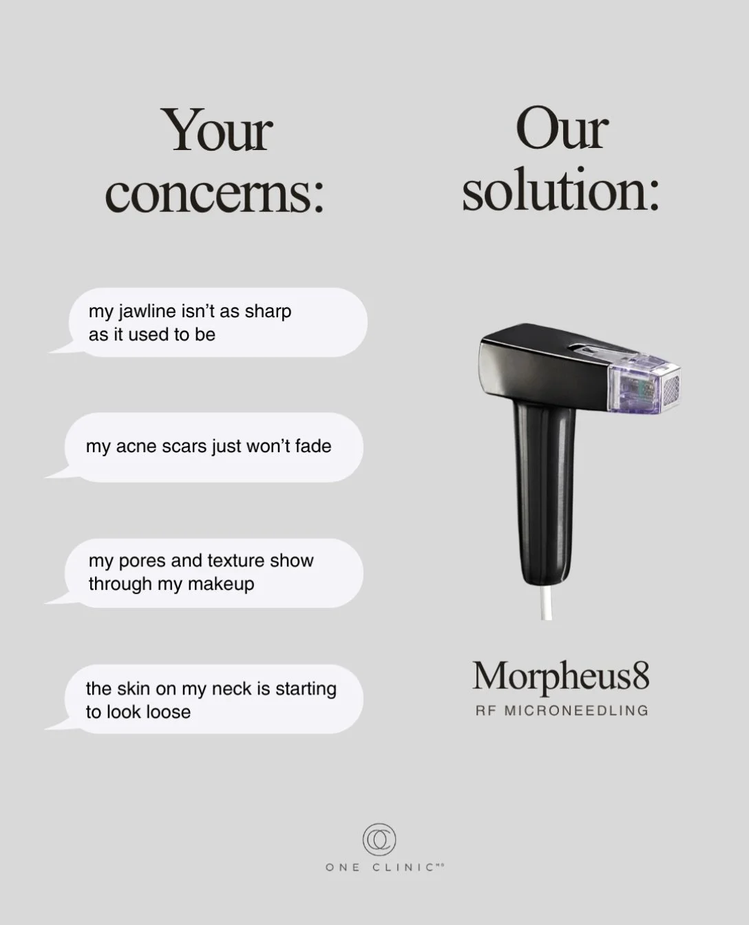Different concerns. One treatment ☑️

There&rsquo;s only 1 week left to enjoy our September promotional pricing on Morpheus8. 

Designed to target laxity, texture, acne scarring, and overall skin quality, Morpheus8 works beneath the surface to stimul