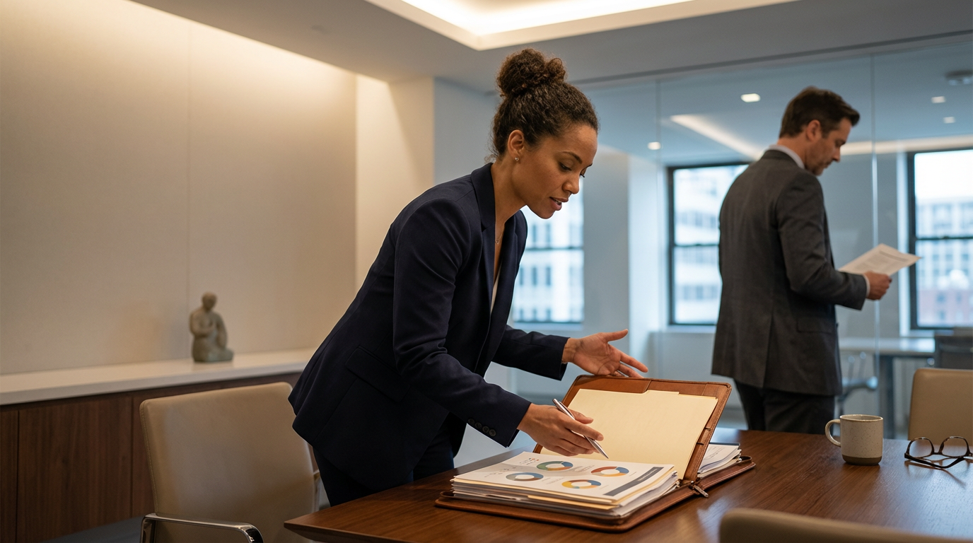 A woman in a navy blazer reviewing documents with charts and graphs on a desk, while a man in a gray suit reads a paper in the background in a modern office.