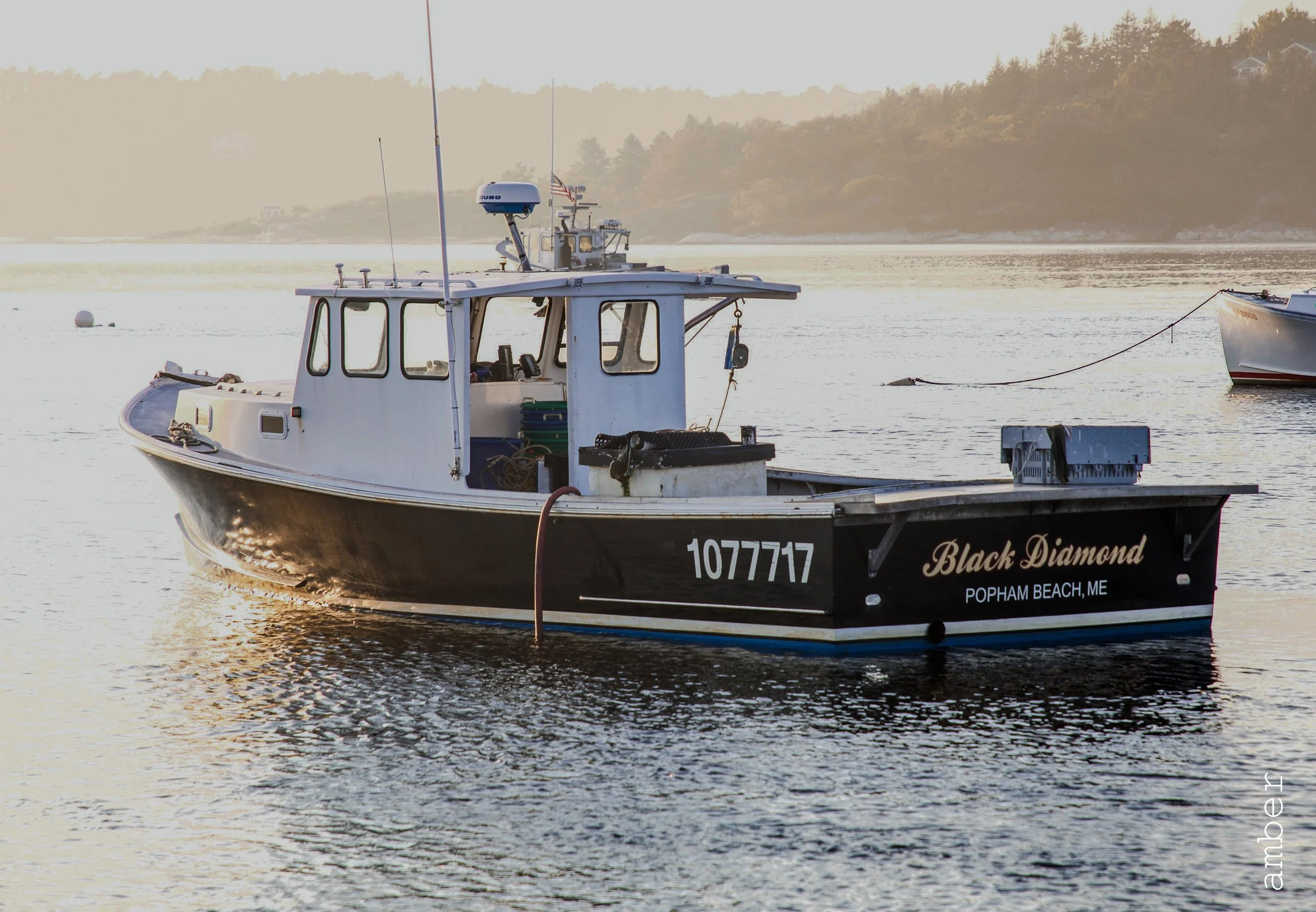 A small boat named 'Black Diamond' is floating on a body of water with a dock on its side. There are hills and trees in the background, and the boat has equipment and items on its deck, including a radar, antennas, and storage containers.
