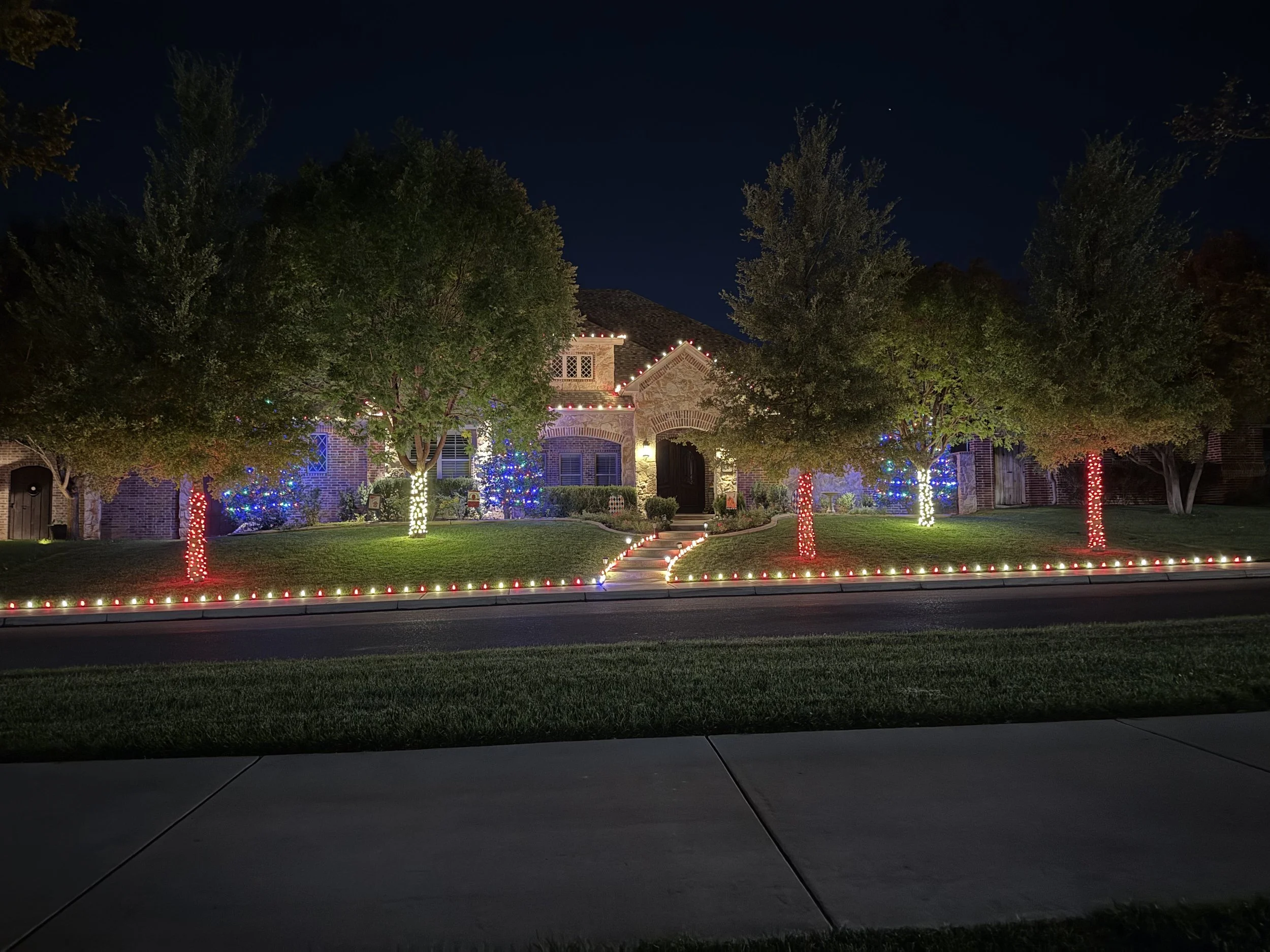Nighttime view of a house decorated with colorful Christmas lights on trees, roof, and around the yard, with a dark sky and a visible star.