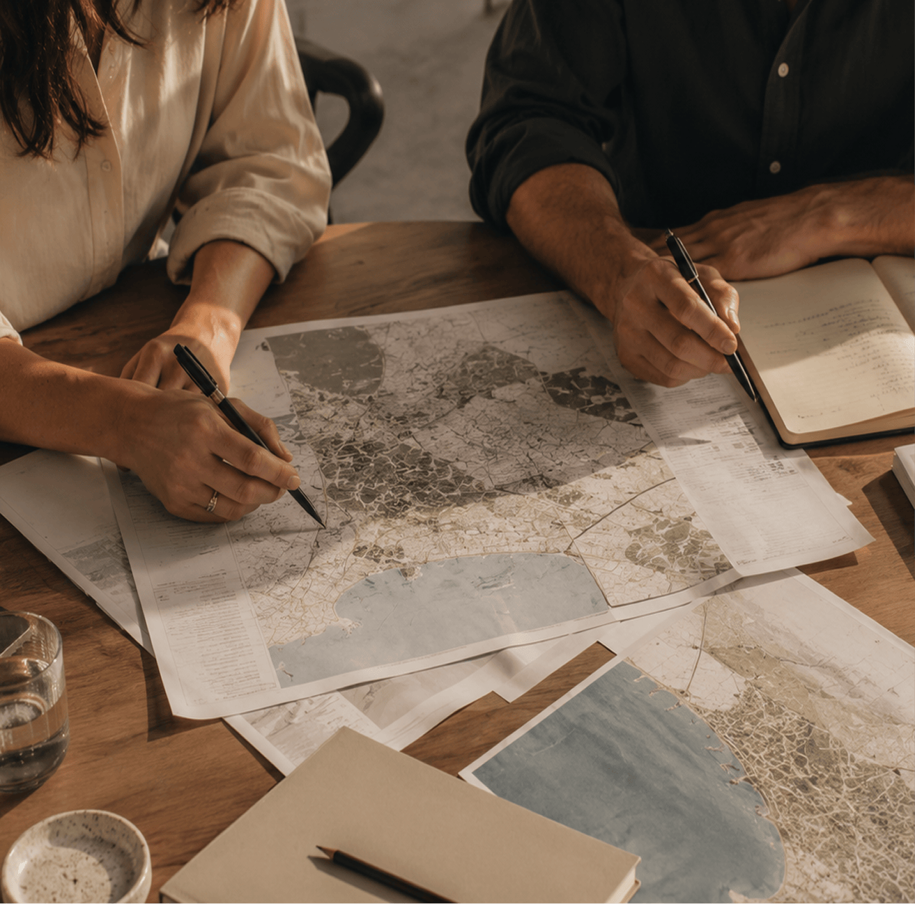 Two people working on a city map at a wooden table with notebooks, pens, and a glass of water.