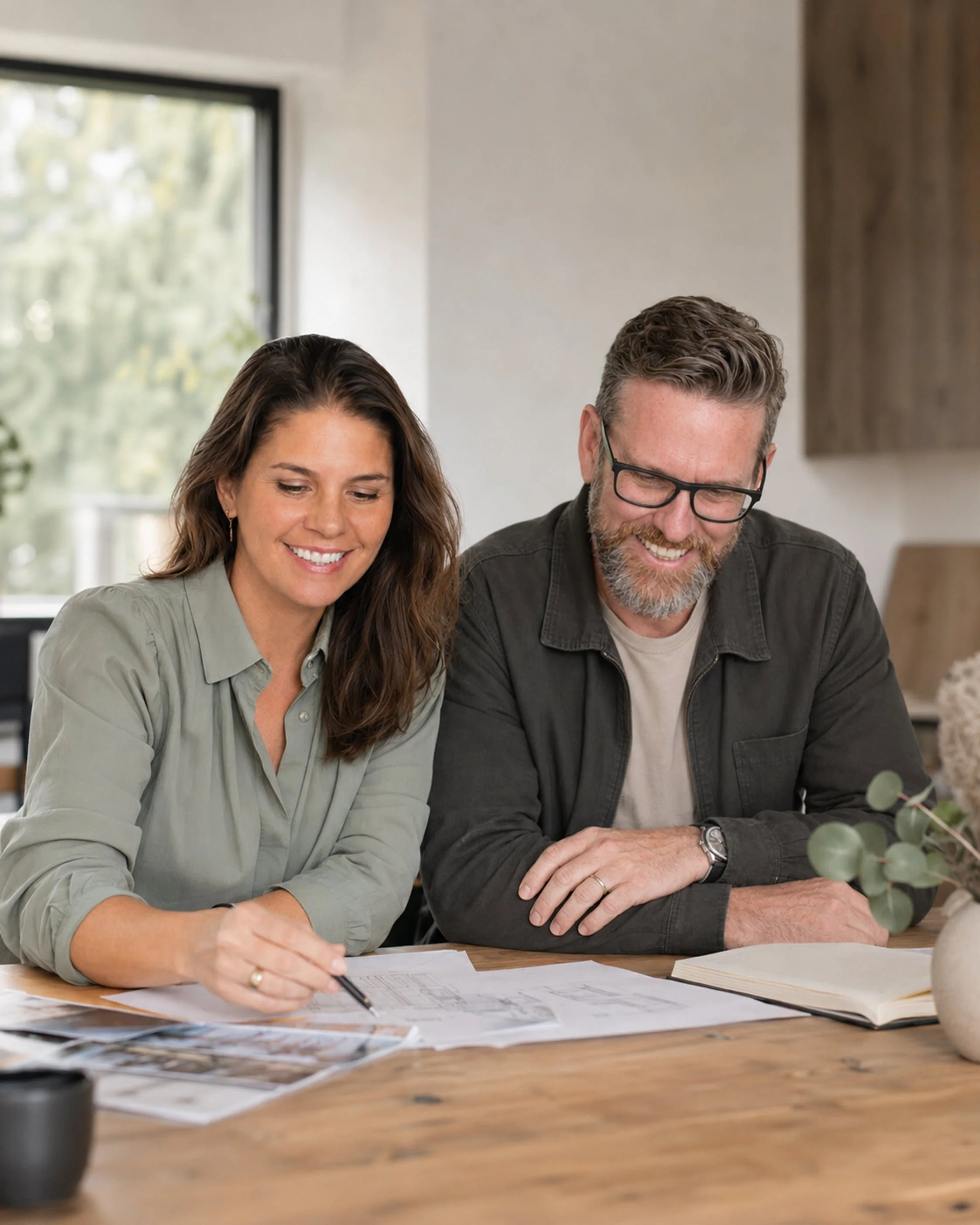 Two adults, a woman and a man, sitting at a wooden table, smiling, looking down at documents and writing. There are papers, a book, and a plant on the table. The background shows a window with natural light.