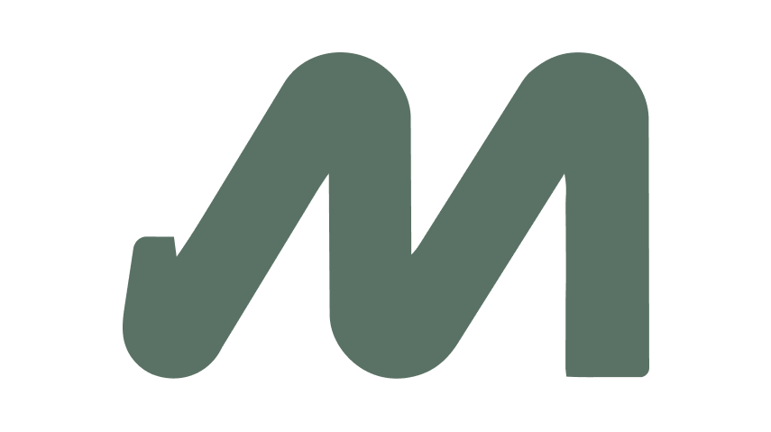 Stylized gray letter M logo with wavy design.