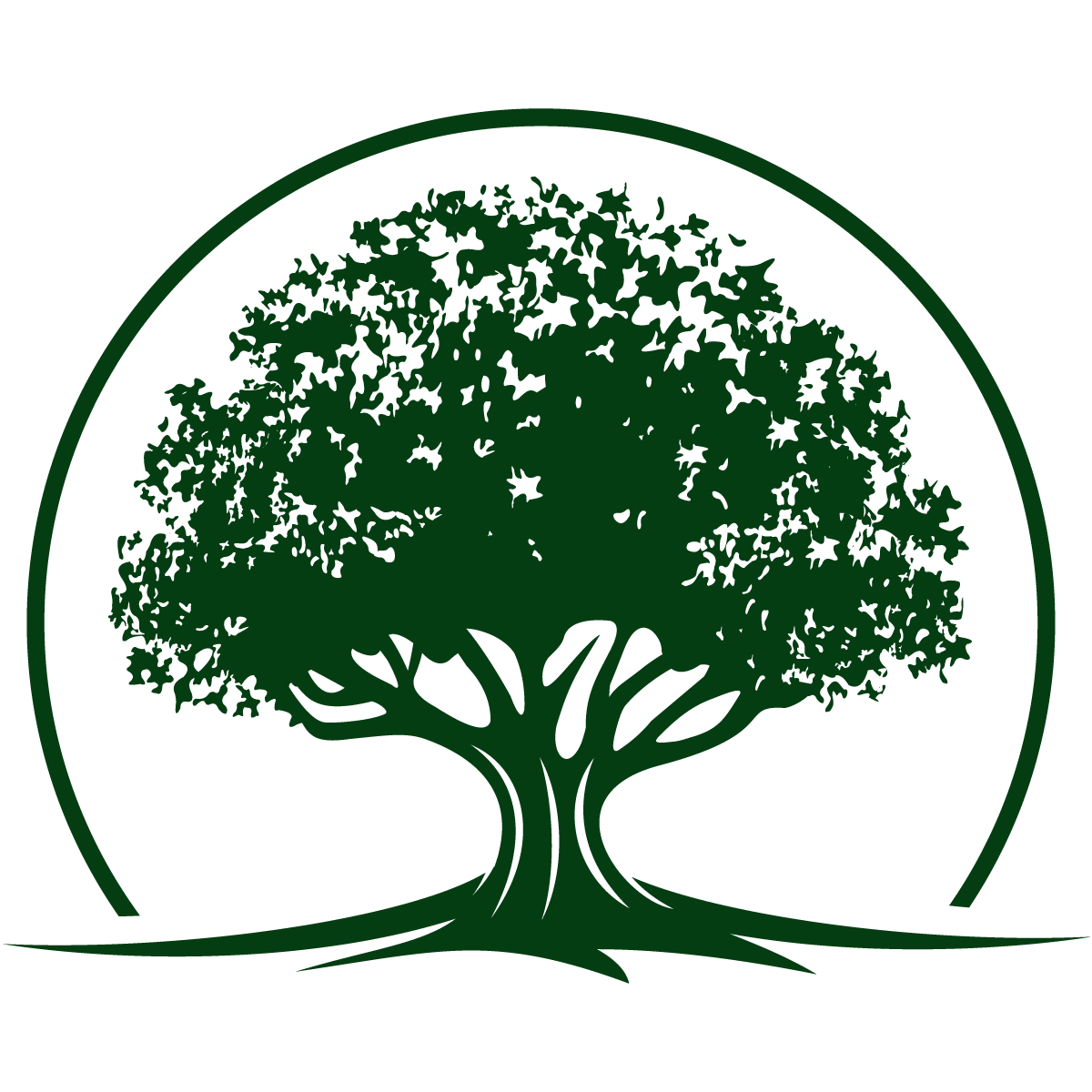A logo featuring a green tree with many leaves inside a black circle outline.