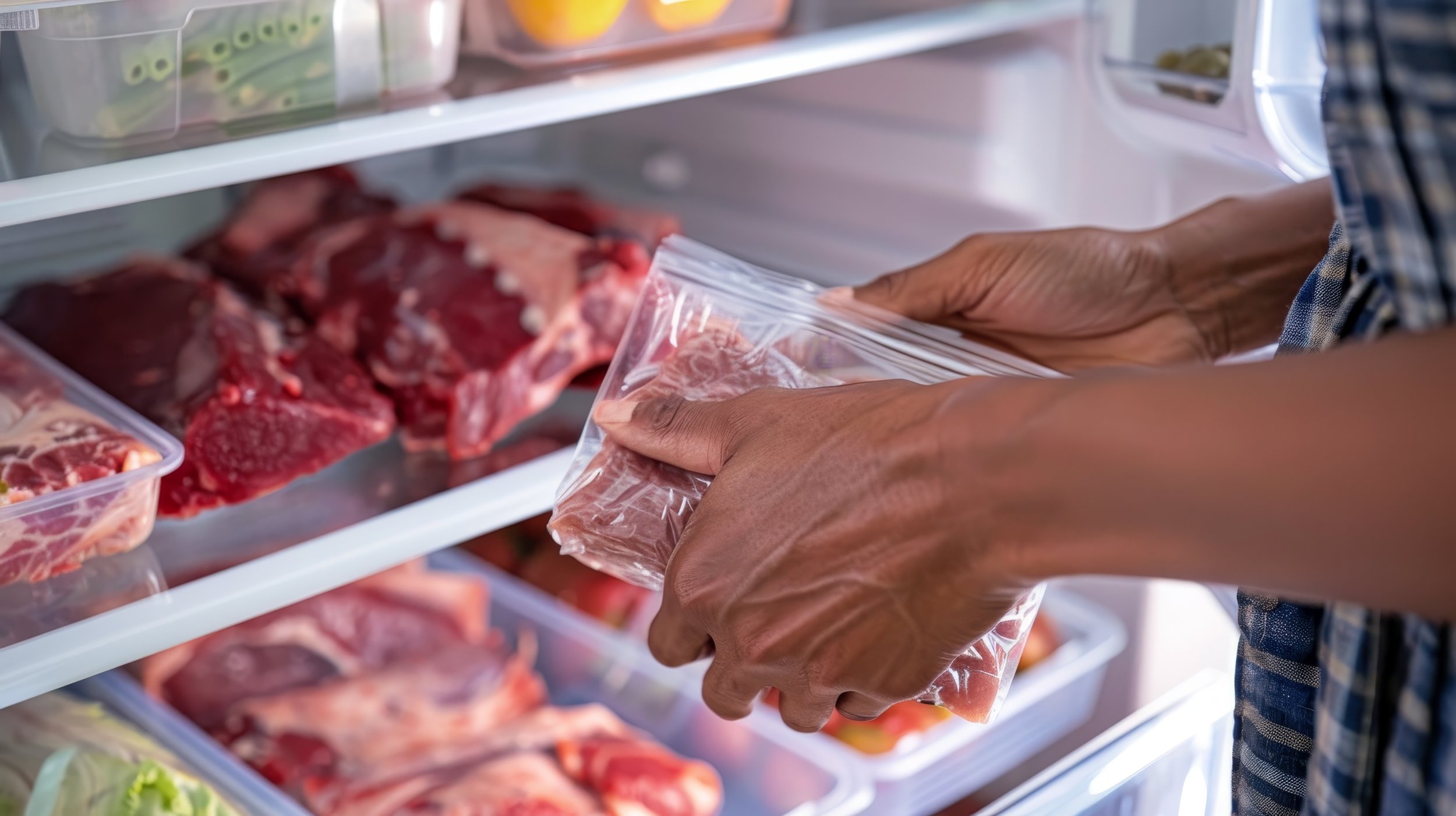 Person putting raw meat in a plastic bag inside a refrigerator with other meat packages on shelves.