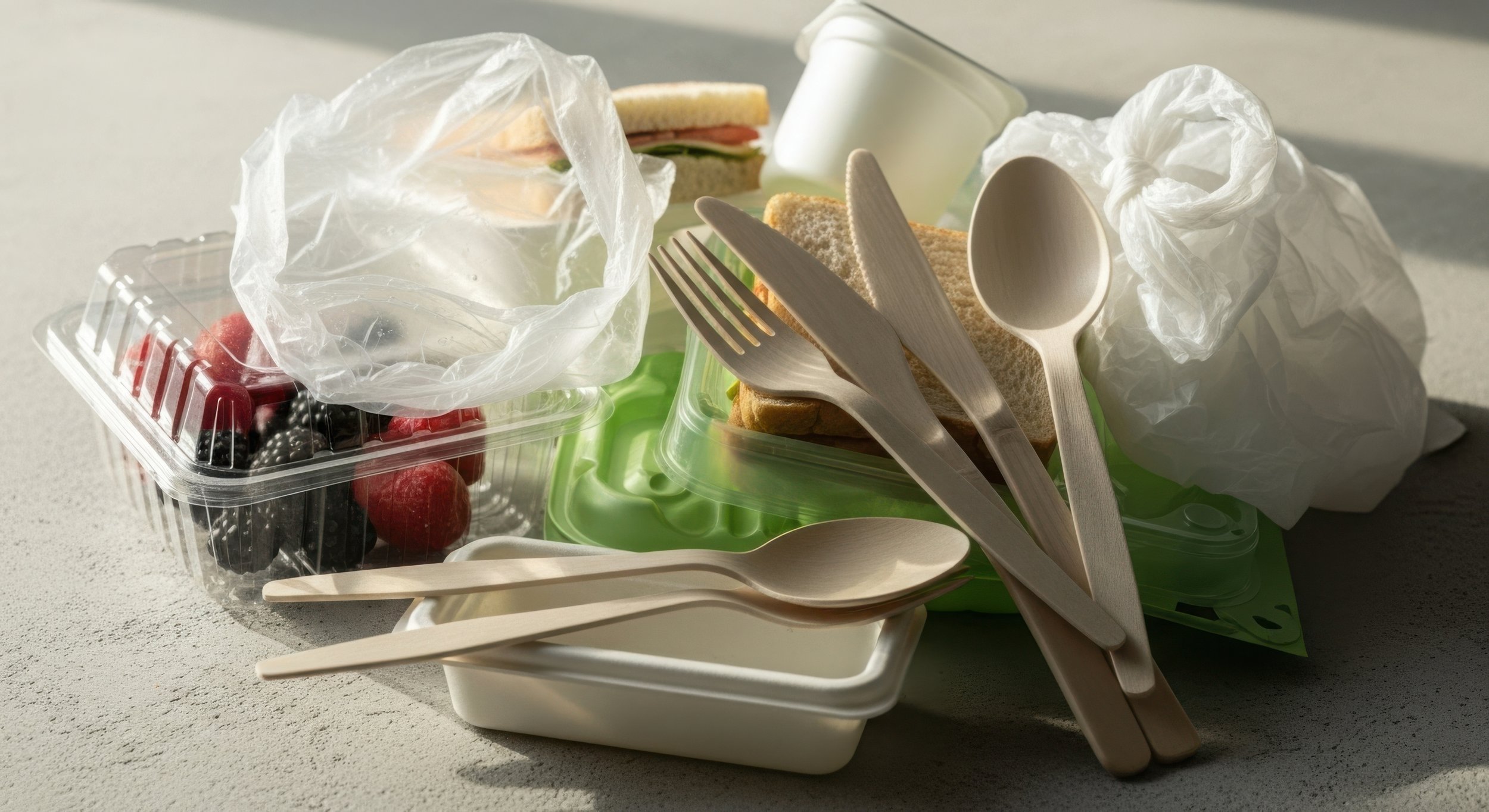 Trays of food containers with sandwiches, fresh berries, and utensils on a white surface.