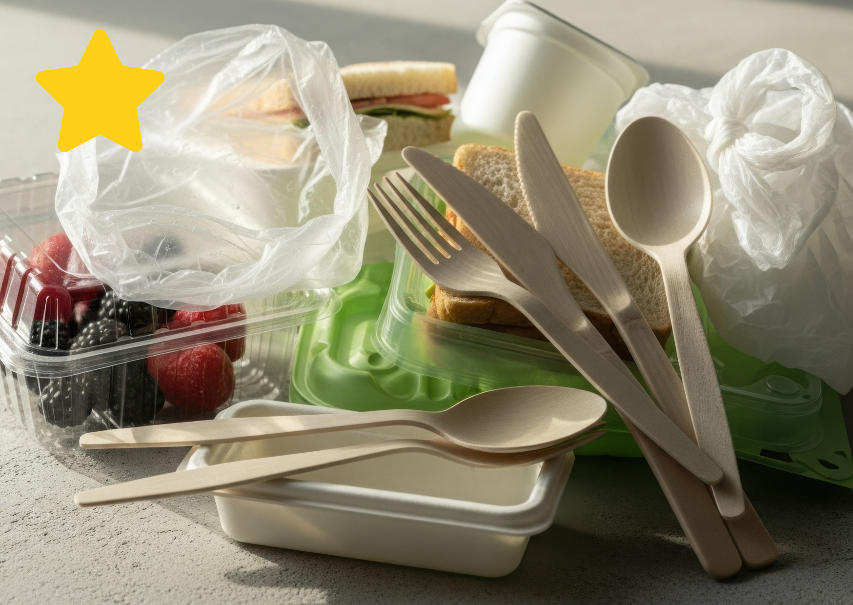 A collection of disposable containers and utensils, including a plastic clamshell with fresh berries, a green plastic food container with sliced bread, a white bowl with wooden utensils, a paper cup, a plastic cup, a plastic bag with a sandwich, and a plastic bag with a yogurt cup.
