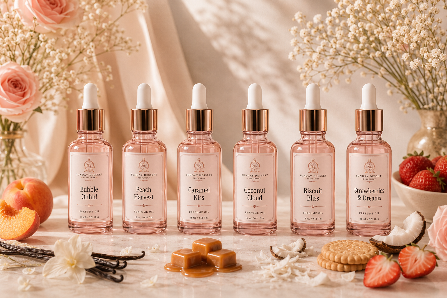 Six bottles of perfume oil labeled 'Bubble Ohhh!', 'Peach Harvest', 'Caramel Kiss', 'Coconut Cloud', 'Biscuit Bliss', and 'Strawberries & Dreams' are arranged in a row on a marble surface, surrounded by strawberries, strawberries with whipped cream, peach slices, vanilla flowers, cookies, caramel candies, and peach-colored roses and white baby's breath flowers in vases.