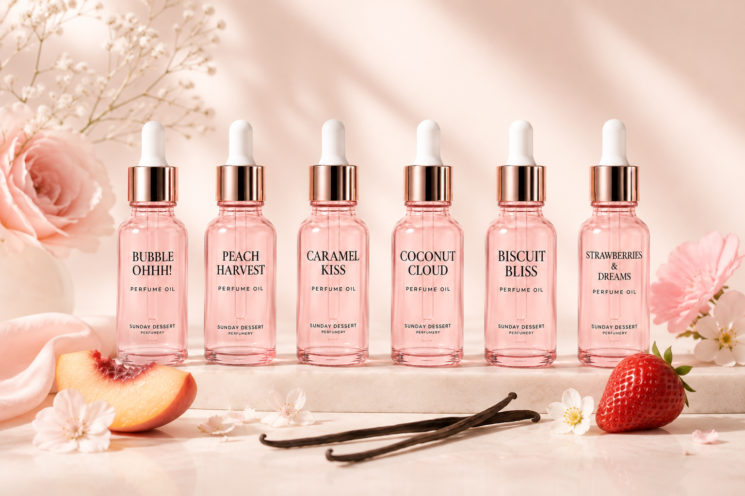 Six bottles of perfume oil arranged in a row with labels: Bubble Ohhh!, Peach Harvest, Caramel Kiss, Coconut Cloud, Biscuit Bliss, and Strawberries & Dreams, surrounded by flowers, a peach slice, a strawberry, and vanilla beans.