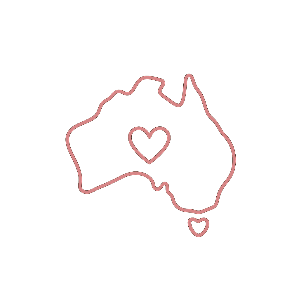 Pink neon outline of the map of Australia with three hearts, one inside the map and two outside.