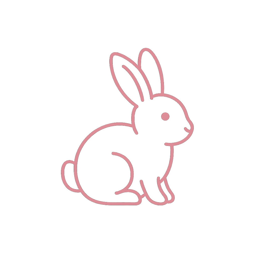 Pink neon outline of a sitting bunny with long ears and round tail on a black background.