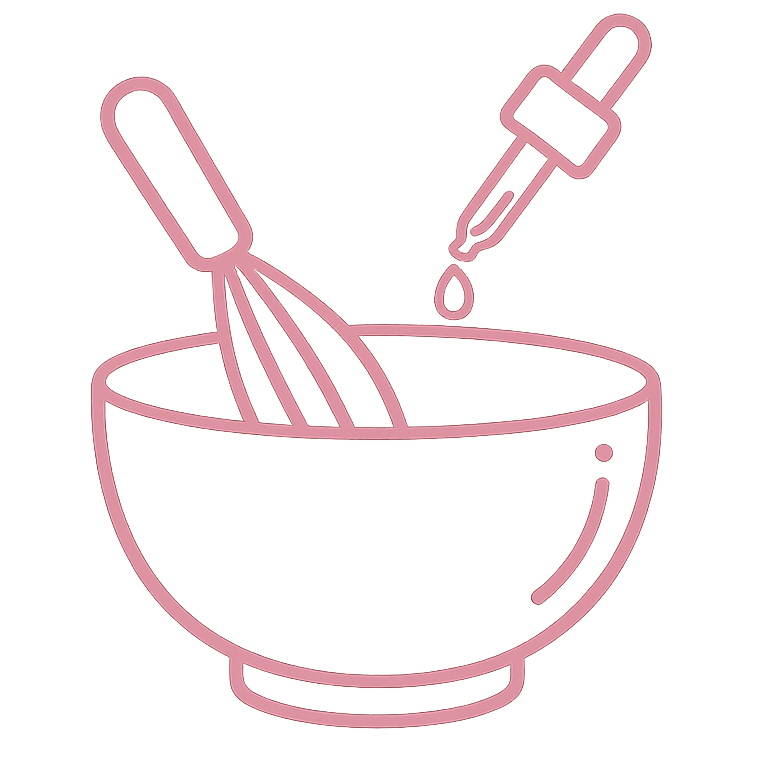 A pink outline illustration of a mixing bowl with a whisk and a dropper adding liquid into the bowl.