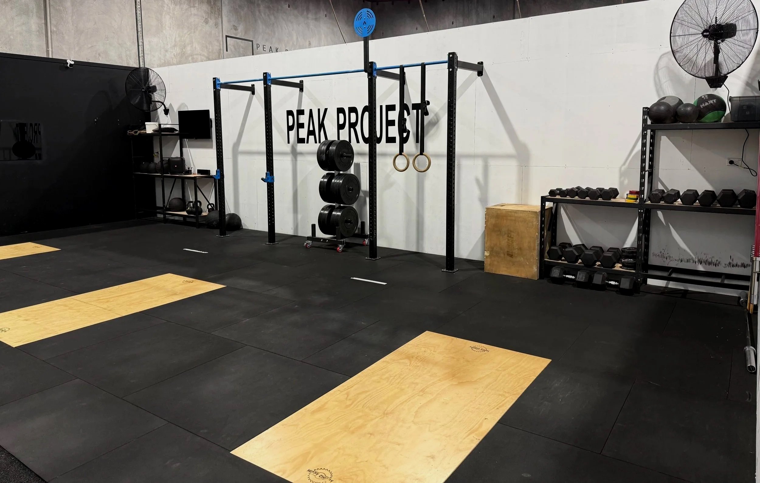 Gym workout area with black rubber flooring and light-colored wooden lifting platforms on the floor. There is a black strength rack holding weight plates, gymnastic rings hanging from it, and a wooden box. On the right side, there is a steel shelving unit with various dumbbells, kettlebells, and a speaker. Two large wall-mounted fans are visible, and a small monitor and some equipment are on a black table in the corner. The wall has the text "PEAK PROJECT".